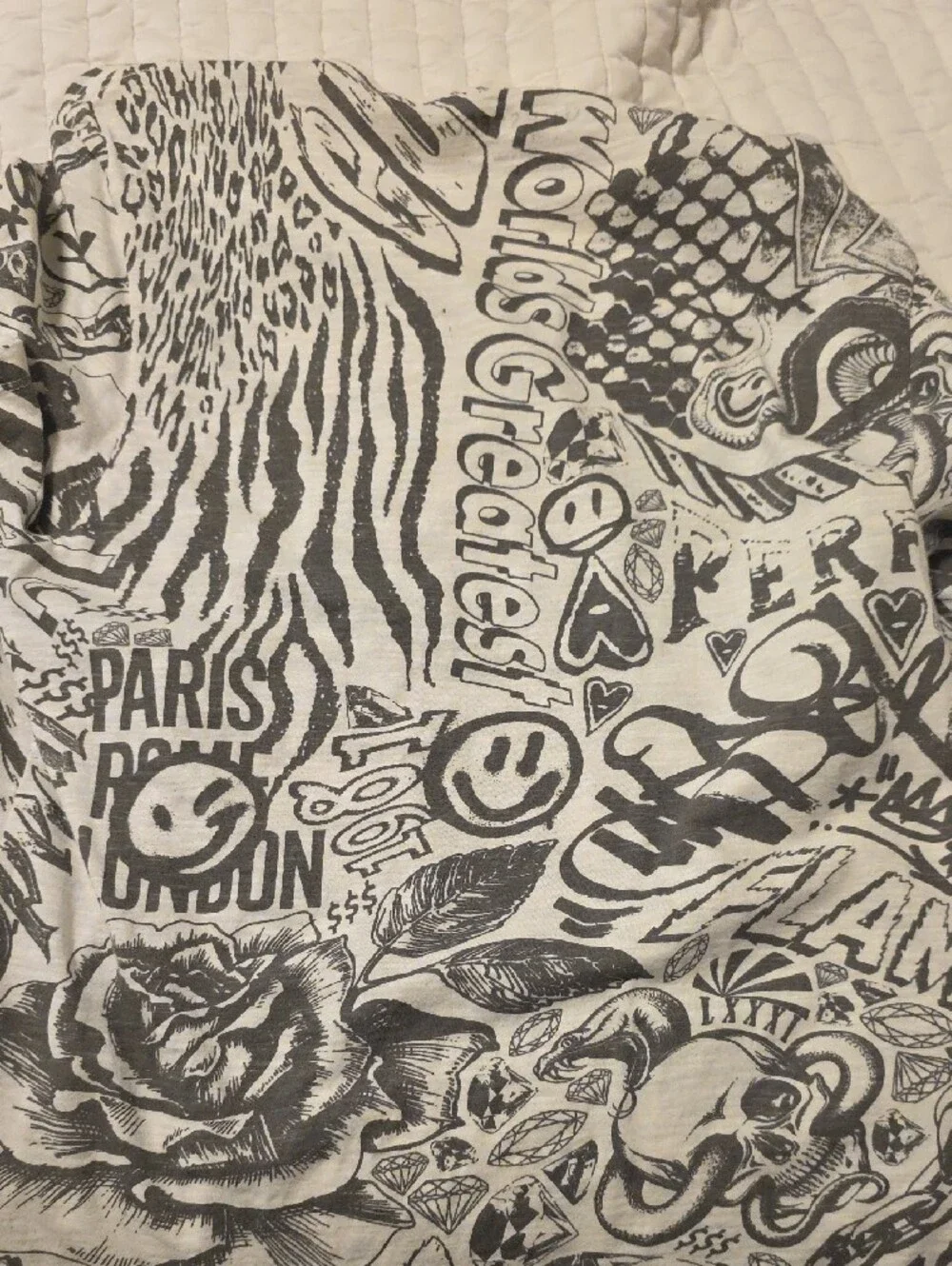 GUESS White Short Sleeve Graphic Tee with Black Illustrations - Picture 4 of 4